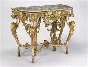 Side Table; Italy; about 1760 - 1770; Carved, painted, and gilded limewood; marble top; 104.9 x 153 x 74 cm
