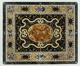 Tabletop; tabletop 1580 - 1600; base 1825; Pietre dure and marble commesso, mosaic, top including breccia di Tivoli