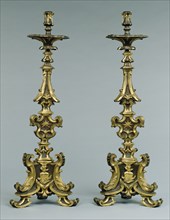 Pair of Altar Candlesticks; Italy; early 18th century; Bronze, partially gilded