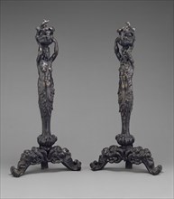 Pair of Andirons in the form of a Female and Male Herm; Italian, probably active in France, Fontainebleau, France; about 1540