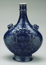 Pilgrim Flask; Puisaye, Burgundy, France; early 16th century; Cobalt-glazed stoneware; 33.5 x 23.1 x 12.8 cm