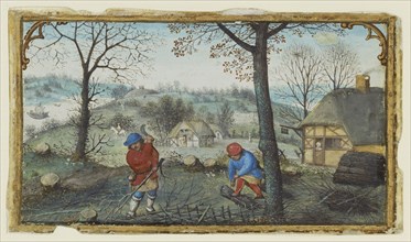 Gathering Twigs; Simon Bening, Flemish, about 1483 - 1561, Bruges, Belgium; about 1550; Tempera colors and gold paint