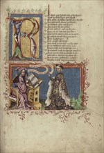 A Scribe and a Woman; Regensburg, Bavaria, Germany; about 1400 - 1410; Tempera colors, gold, silver paint, and ink on parchment