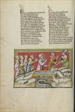 Moses Driving Away the Shepherds at the Well in Midian; Regensburg, Bavaria, Germany; about 1400 - 1410; Tempera colors, gold