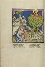 Moses and the Burning Bush; Regensburg, Bavaria, Germany; about 1400 - 1410; Tempera colors, gold, silver paint, and ink