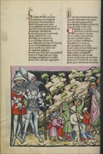The Israelites' Fear of the Giants; The Israelites Stoning the Spies; Regensburg, Bavaria, Germany; about 1400 - 1410; Tempera