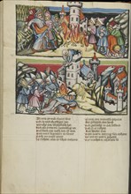 Abimelech Destroying Shechem; Abimelech Killed by the Woman of Thebes; Regensburg, Bavaria, Germany; about 1400 - 1410; Tempera