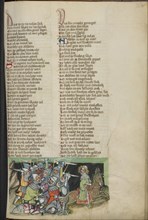 David's Army in Pursuit of Absalom; Regensburg, Bavaria, Germany; about 1400 - 1410; Tempera colors, gold, silver paint, and ink