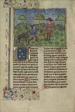 A Doctor, a Hunter, and Three Sick Dogs; Brittany, France; about 1430 - 1440; Tempera colors, gold paint, silver paint, and gold