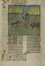 A Hunter Training Dogs to Respond to the Call of the Horn; Brittany, France; about 1430 - 1440; Tempera colors, gold paint