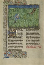 A Hunter and a Dog Tracking in a Thicket; Brittany, France; about 1430 - 1440; Tempera colors, gold paint, silver paint