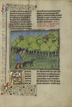 A Hunter and a Dog Spying on a Doe and a Troating Stag; Brittany, France; about 1430 - 1440; Tempera colors, gold paint, silver