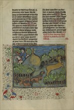 A Hunter and Dogs Pursuing a Stag; Brittany, France; about 1430 - 1440; Tempera colors, gold paint, silver paint, and gold leaf