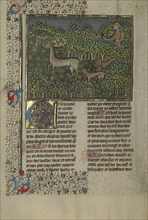 A Hunter and Dogs Pursuing a Fallow Deer; Brittany, France; about 1430 - 1440; Tempera colors, gold paint, silver paint
