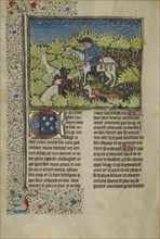 A Hunter and Dogs Killing a Wild Boar; Brittany, France; about 1430 - 1440; Tempera colors, gold paint, silver paint, and gold