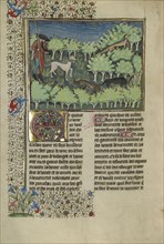 A Hunter and Dogs Pursuing a Fox; Brittany, France; about 1430 - 1440; Tempera colors, gold paint, silver paint, and gold leaf