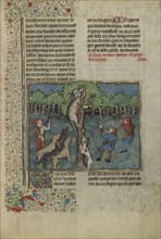 A Hunter and Dogs Attacking a Treed Wild Cat; Brittany, France; about 1430 - 1440; Tempera colors, gold paint, silver paint