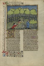 Hunters Cutting Trees to Make Traps; Brittany, France; about 1430 - 1440; Tempera colors, gold paint, silver paint, and gold