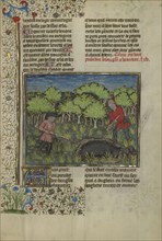 A Hunter Wounding a Wild Boar Caught in a Pit; Brittany, France; about 1430 - 1440; Tempera colors, gold paint, silver paint