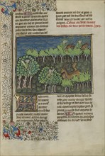 Camouflaged Hunters Preparing to Attack a Deer; Brittany, France; about 1430 - 1440; Tempera colors, gold paint, silver paint