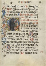 Initial D: A Monk with his Finger to his Lips; Northeastern Italy, Italy; about 1420; Tempera colors, gold leaf, and ink