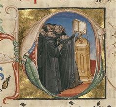 Initial C: Monks Singing; Northeastern Italy, Italy; about 1420; Tempera colors, gold leaf, and ink on parchment