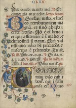 Initial C: Saint Benedict Blessing Maurus; Northeastern Italy, Italy; about 1420; Tempera colors, gold leaf, and ink