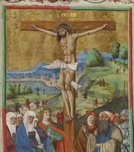 The Crucifixion; Westphalia, Germany; about 1500 - 1505; Tempera colors, gold paint, and ink on parchment; Leaf: 38.7 x 27.9 cm