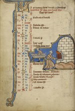 December Calendar Page; Baking Bread; Bruges, possibly, Belgium; mid-1200s; Tempera colors, gold leaf, and ink on parchment