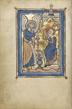 The Annunciation; Bruges, possibly, Belgium; mid-1200s; Tempera colors, gold leaf, and ink on parchment; Leaf: 23.5 x 16.5 cm