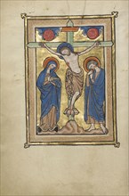 The Crucifixion; Bruges, possibly, Belgium; mid-1200s; Tempera colors, gold leaf, and ink on parchment; Leaf: 23.5 x 16.5 cm