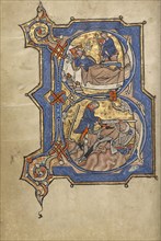Initial B: David Playing the Harp for Saul and David and Goliath; Bruges, possibly, Belgium; mid-1200s; Tempera colors, gold