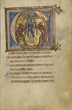 Initial E: Judas's Suicide; Bruges, possibly, Belgium; mid-1200s; Tempera colors, gold leaf, and ink on parchment; Leaf