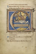 Initial C: The Entombment; Bruges, possibly, Belgium; mid-1200s; Tempera colors, gold leaf, and ink on parchment; Leaf