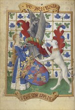 Coat of Arms Held by a Woman and a Greyhound; Jean Fouquet, French, born about 1415 - 1420, died before 1481, Tours, France