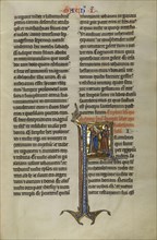 Initial F: Delivery of a Letter to Jews in Egypt; Lille, probably, France; about 1270; Tempera colors, black ink, and gold leaf