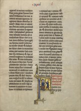 Initial F: Delivery of a Letter; Tournai, Belgium; about 1260 - 1270; Tempera, gold leaf, and pen and black ink on parchment