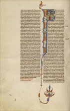 Initial P: Ahaziah Tumbling from a Window; Bologna, Emilia-Romagna, Italy; about 1280 - 1290; Tempera colors, gold leaf, and ink