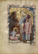 Saint John the Evangelist Dictating; Nicomedia, or, Turkey; early 13th century; Tempera colors and gold leaf on parchment; Leaf