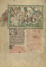 The Defeat of the Beast; London, probably, England; about 1255 - 1260; Tempera colors, gold leaf, colored washes, pen and ink
