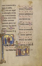 Initial P: A Priest and Two Deacons before an Altar; Monogram VD: Ecclesia and Synagoga; Lyon, France; begun after 1234