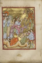 The Entry into Jerusalem; Regensburg, Bavaria, Germany; about 1030 - 1040; Tempera colors, gold leaf, and ink on parchment; Leaf