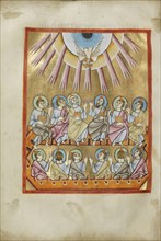 Pentecost; Regensburg, Bavaria, Germany; about 1030 - 1040; Tempera colors, gold leaf, and ink on parchment; Leaf: 23.2 x 16 cm