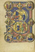 Initial B: David Playing the Harp and David and Goliath; Paris, France; about 1250 - 1260; Tempera colors, gold leaf, and ink