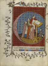 Initial C: Clerics Singing from a Choir Book; Paris, France; about 1390; Tempera colors, gold leaf, and ink on parchment; Leaf