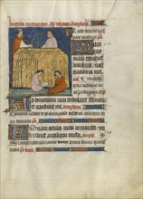 Monks Praying for a Deceased; or Bourges, France; about 1390; Tempera colors, gold leaf, and ink on parchment; Leaf
