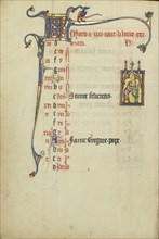 A Man Chopping a Tree; Northeastern France, France; about 1300; Tempera colors, gold leaf, and ink on parchment; Leaf