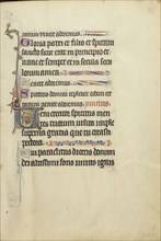 Initial V: A Bishop and the Dove of the Holy Spirit; Northeastern France, France; about 1300; Tempera colors, gold leaf, and ink