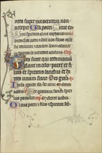 Initial T: A Nimbed Man in Conversation with Several Persons; Northeastern France, France; about 1300; Tempera colors, gold leaf