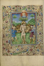 The Martyrdom of Saint Sebastian; Naples, Campania, Italy; about 1460; Tempera colors, gold, and ink on parchment; Leaf